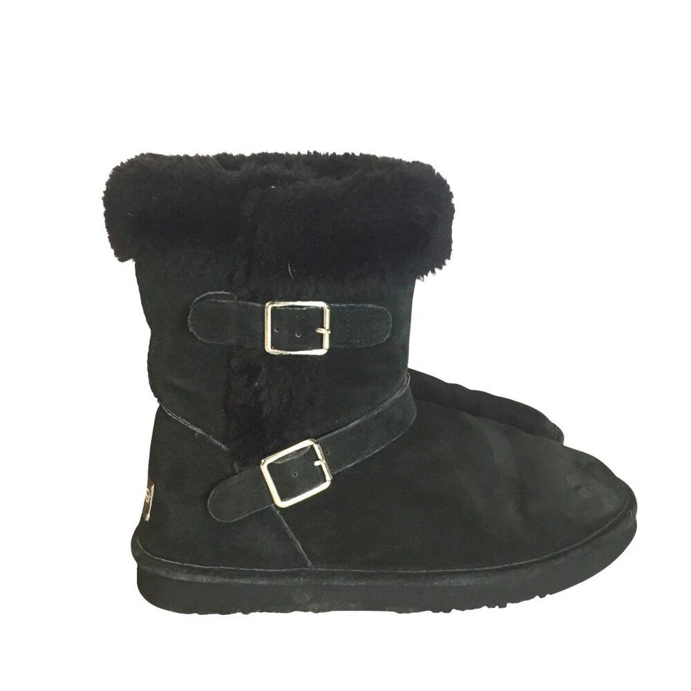 Lamo Womens 9 Black Suede Mid Calf Boots Faux Fur-Lined Pull On